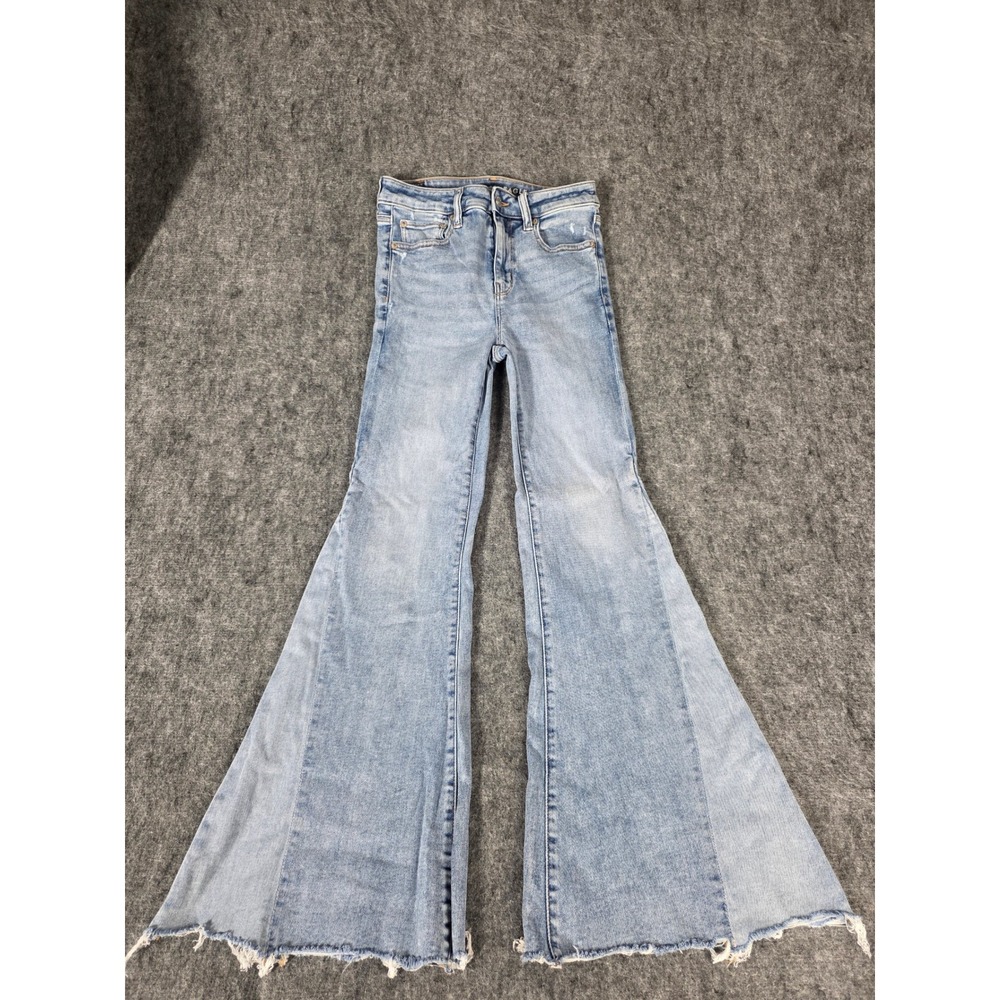 Womens Jeans 4 Festival Flare Boho Light Wash Raw Hem American Eagle Stretch